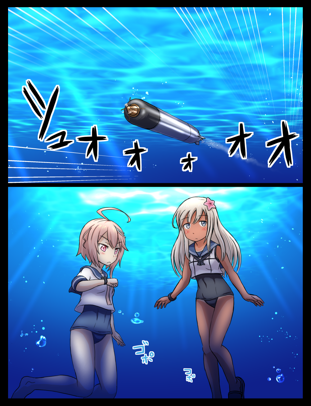 2girls barefoot comic commentary_request flower grey_eyes hair_flower hair_ornament highres i-58_(kantai_collection) kantai_collection long_hair multiple_girls ocean old_school_swimsuit pink_eyes pink_hair ro-500_(kantai_collection) school_swimsuit school_uniform serafuku short_hair silver_hair slippers submerged swimsuit swimsuit_under_clothes tan tanline torpedo translation_request tsukemon watch watch