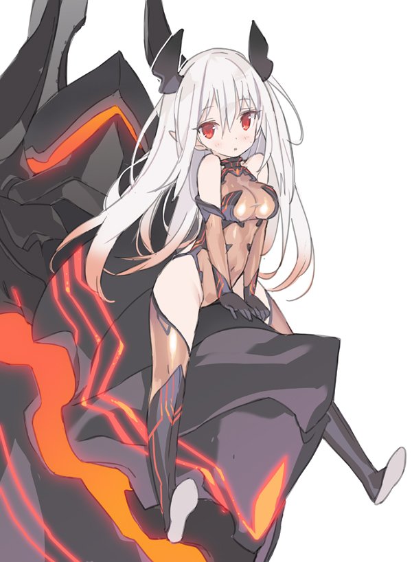 1girl :o bangs bare_shoulders black_boots black_gloves blade_(galaxist) blush boots breasts brown_legwear colossus_(granblue_fantasy) detached_sleeves eyebrows eyebrows_visible_through_hair gloves granblue_fantasy hair_between_eyes horns leotard long_hair long_sleeves medium_breasts navel open_mouth personification pointy_ears red_eyes riding see-through simple_background solo thigh-highs white_background white_hair