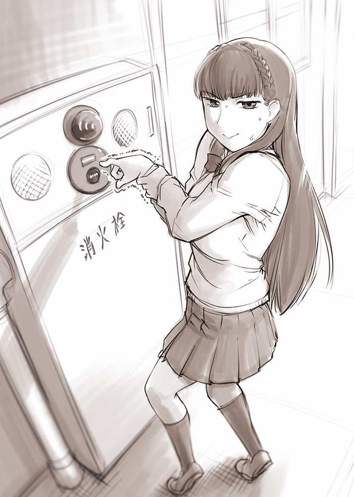 1girl :&gt; blurry commentary_request depth_of_field fire_alarm from_above hairband hallway hime_cut indoors kneehighs long_hair looking_at_viewer monochrome original perspective pleated_skirt school_uniform sepia skirt solo standing tiptoes trembling ueyama_michirou