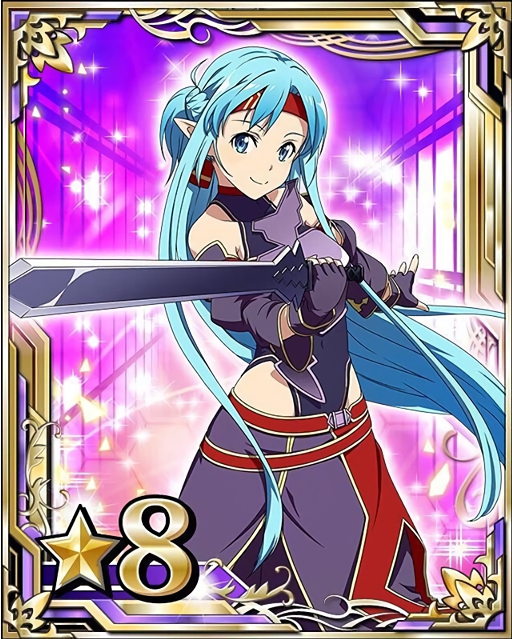 1girl asuna_(sao-alo) blue_eyes blue_hair breastplate card_(medium) cosplay covered_navel fingerless_gloves gloves holding holding_sword holding_weapon long_hair looking_at_viewer matching_hair/eyes number ponytail purple_gloves smile solo star sword sword_art_online weapon yuuki_(sao) yuuki_(sao)_(cosplay)