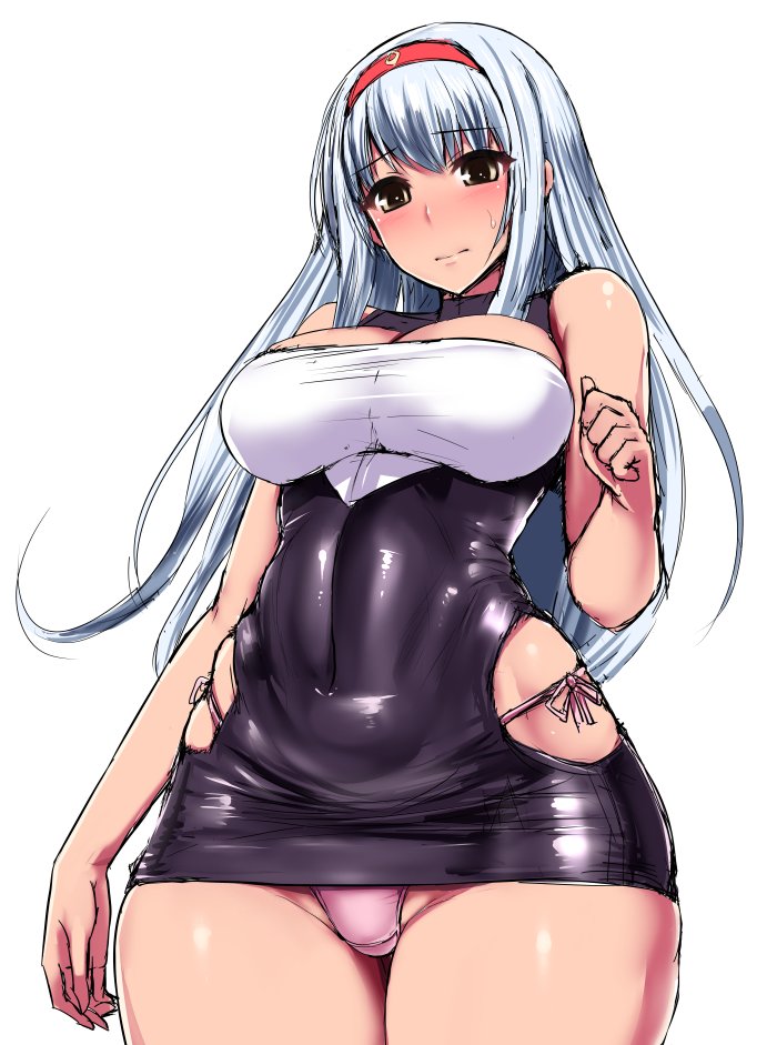 1girl bare_shoulders blush bodycon breasts cleavage covered_navel dress hairband headband hip_vent ishimiso_(ishimura) kantai_collection large_breasts long_hair looking_at_viewer panties pantyshot pantyshot_(standing) pink_panties shiny shiny_clothes shoukaku_(kantai_collection) skin_tight sleeveless sleeveless_dress solo standing underwear white_hair yellow_eyes