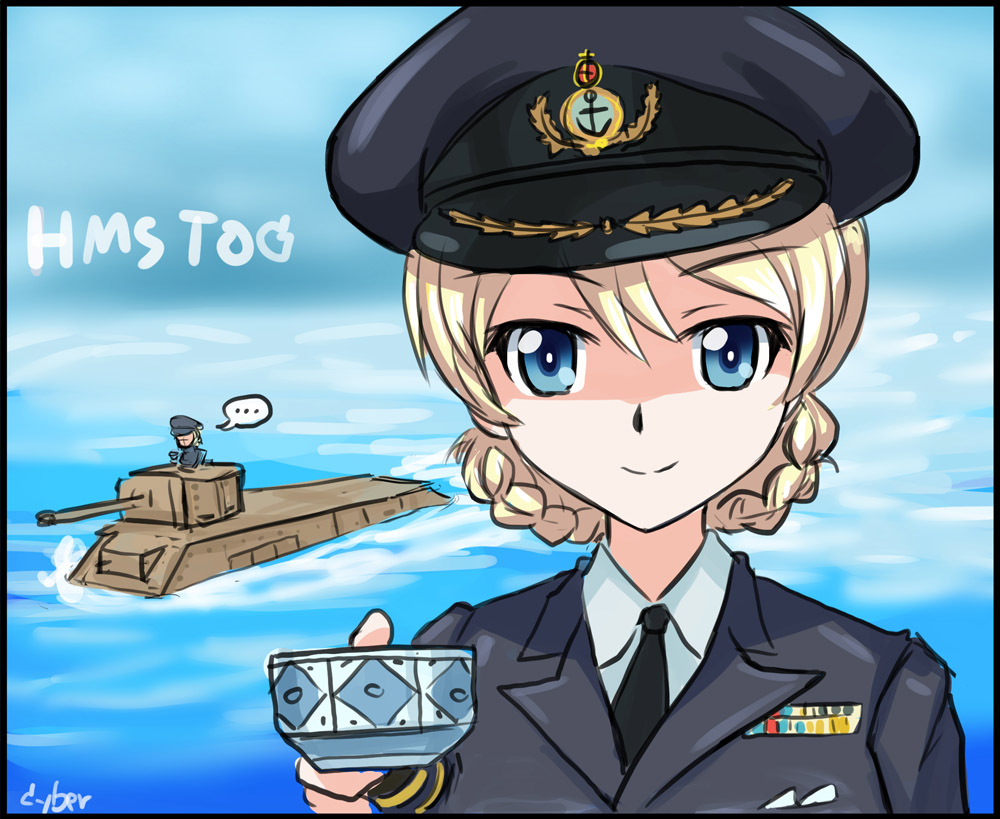 ... 1girl blonde_hair blue_eyes commentary cup cyber_(cyber_knight) darjeeling girls_und_panzer ground_vehicle hat looking_at_viewer military military_hat military_uniform military_vehicle motor_vehicle ocean solo tank teacup tog_ii uniform world_of_tanks