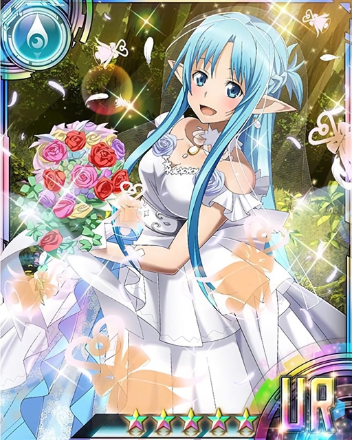 1girl asuna_(sao) asuna_(sao-alo) blue_eyes blue_hair breasts bridal_veil card_(medium) cleavage dress elbow_gloves forest gloves grey_flower holding_bouquet long_hair matching_hair/eyes medium_breasts nature open_mouth pink_flower pointy_ears purple_flower red_flower see-through solo star sword_art_online tree veil wedding_dress white_dress white_feather white_feathers white_gloves