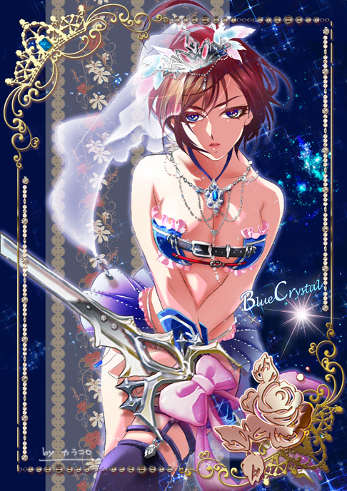 1girl adapted_costume ahoge artist_name bangs bead_necklace belt beltbra blue blue_background blue_crystal_(module) blue_eyes blue_gloves blue_skirt border bow breasts bridal_veil brown_hair cleavage eyebrows eyebrows_visible_through_hair eyelashes fingernails floral_background frills gloves hair_between_eyes holding holding_sword holding_weapon jewelry karakoro large_breasts long_fingernails meiko midriff miniskirt necklace outside_border parted_lips pink_bow pink_lips pleated_skirt project_diva_(series) project_diva_f see-through shade sharp_fingernails short_hair single_thighhigh skirt solo strapless sword thigh-highs thigh_strap tiara veil vocaloid weapon