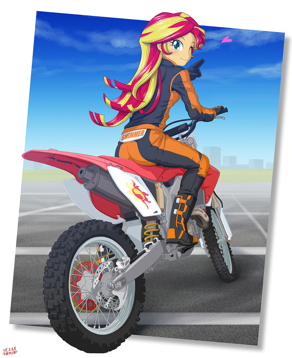 1girl boots gloves green_eyes ground_vehicle highres jacket long_hair motocross motor_vehicle motorcycle multicolored_hair my_little_pony my_little_pony_friendship_is_magic smile solo streaked_hair sunset_shimmer two-tone_hair