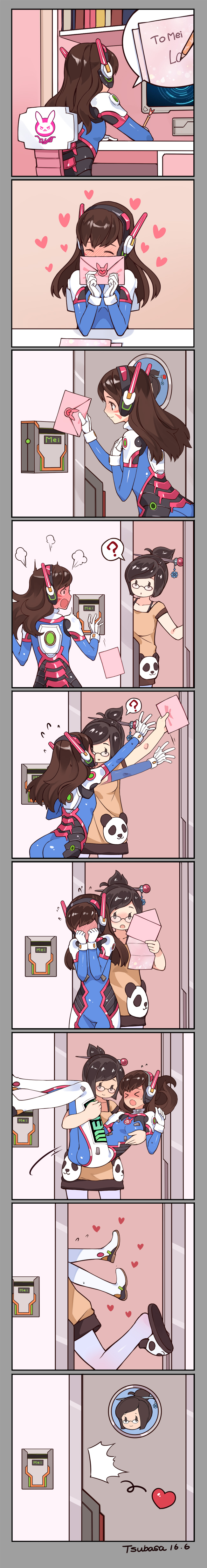 &gt;_&lt; 2girls ? absurdres bangs black-framed_glasses blush bodysuit breasts brown_eyes brown_hair carrying closed_eyes comic commentary_request d.va_(overwatch) embarrassed facial_mark full-face_blush glasses gloves hair_bun hair_ornament hairpin headphones highres letter long_hair long_image love_letter mailbox mei_(overwatch) multiple_girls overwatch panda_slippers pantyhose pilot_suit princess_carry short_hair sitting slippers smile spoken_question_mark swept_bangs take_it_home tall_image tsubasa_tsubasa whisker_markings white_gloves yuri