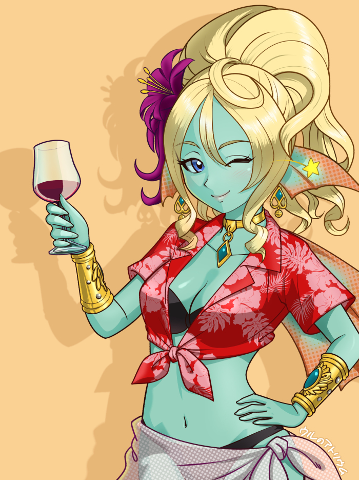 1girl alcohol bikini black_bikini blonde_hair blue_eyes blue_skin blush bracelet breasts choker cleavage cup dragon_quest dragon_quest_x drinking_glass earrings fins flower hair_flower hair_ornament hand_on_hip hawaiian_shirt head_fins high_ponytail jewelry leine_(dq10) long_hair medium_breasts monster_girl one_eye_closed sarong shadow shirt smile solo swimsuit tied_shirt ur_(wulfa) weddie_(dq10) wine wine_glass