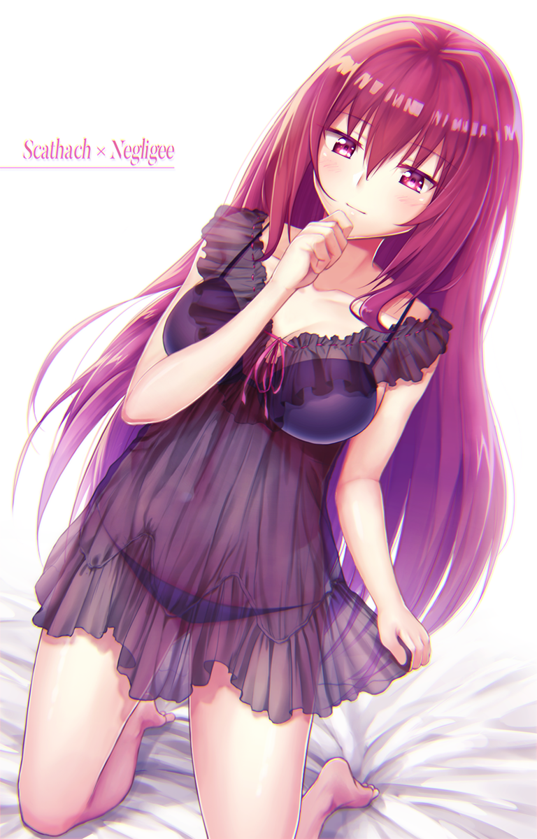 1girl barefoot blush breasts character_name fal fate_(series) highres lingerie long_hair negligee nightgown panties purple_hair red_eyes scathach_(fate/grand_order) see-through smile solo underwear