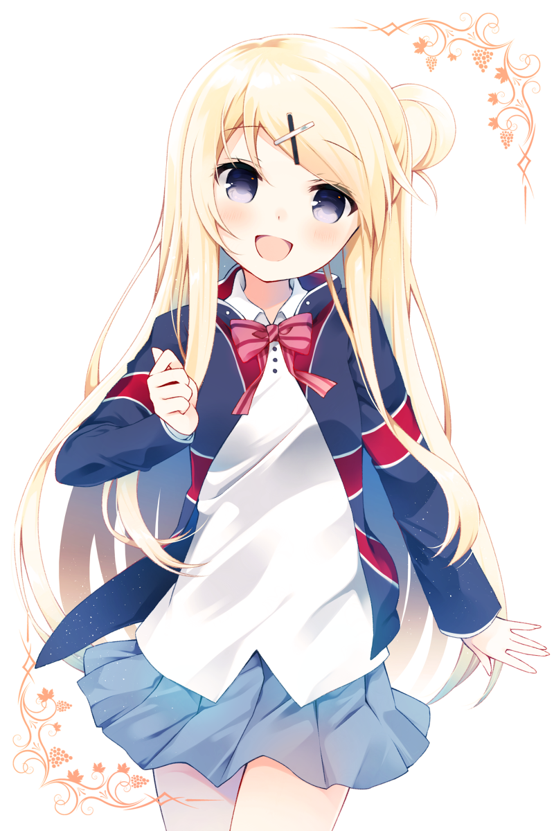 1girl blonde_hair blue_eyes hair_bun hair_ornament hairclip highres jacket kanora kin-iro_mosaic kujou_karen long_hair open_mouth school_uniform shirt skirt smile solo union_jack very_long_hair x_hair_ornament