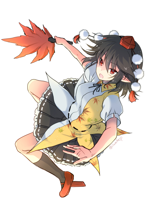 &gt;:o 1girl :o autumn_leaves black_hair black_legwear black_ribbon black_skirt blush collar commentary_request eyebrows eyebrows_visible_through_hair frilled_skirt frills full_body geta hair_between_eyes hat holding kneehighs leaf-pattern_stripe leaf_fan leaf_print outstretched_arms pom_pom_(clothes) puffy_short_sleeves puffy_sleeves red_eyes red_hat red_shoes ribbon shameimaru_aya shigemiya_kyouhei shirt shoes short_hair short_sleeves sidelocks simple_background skirt solo tengu-geta tokin_hat touhou tsurime twitter_username white_background white_shirt