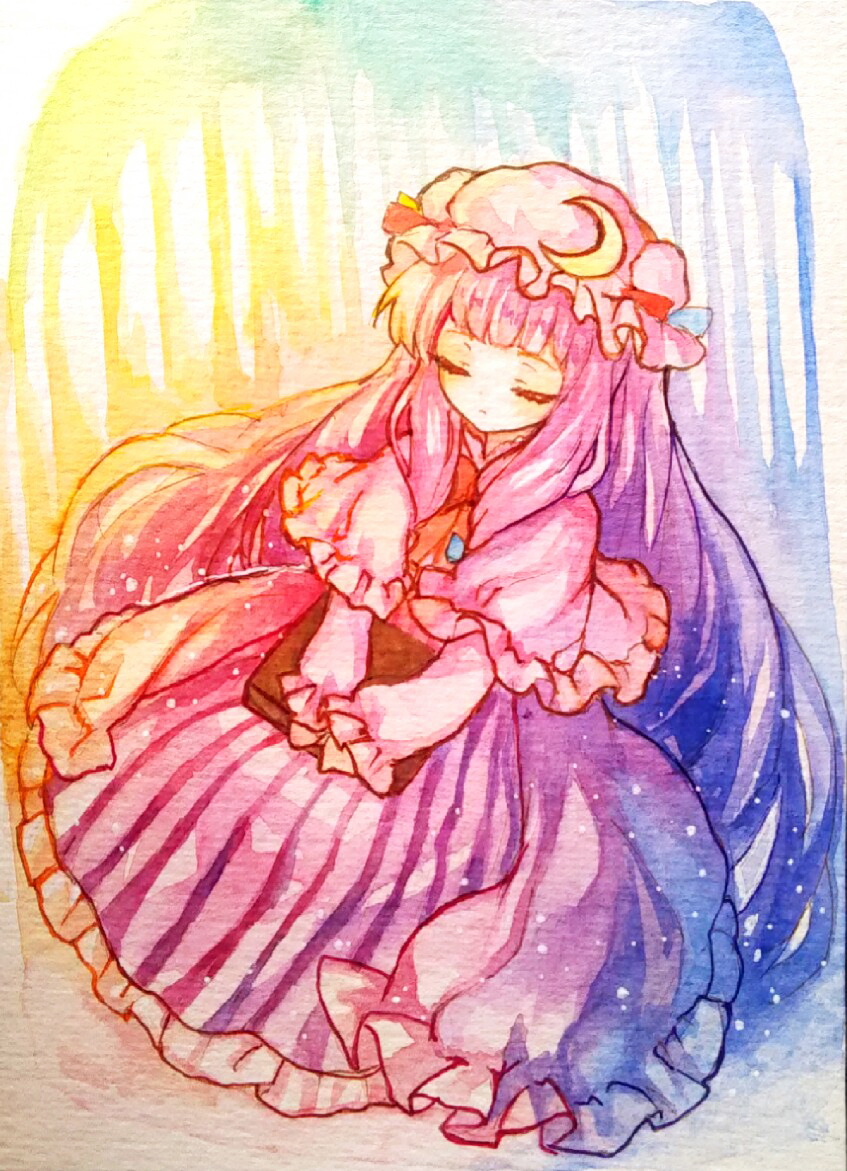1girl book book_hug calligraphy_brush_(medium) capelet closed_eyes coat crescent dress graphite_(medium) hat holding holding_book long_hair long_sleeves mirror_(xilu4) mob_cap open_clothes open_coat patchouli_knowledge purple_dress purple_hair solo striped striped_dress touhou traditional_media v_arms very_long_hair watercolor_(medium)