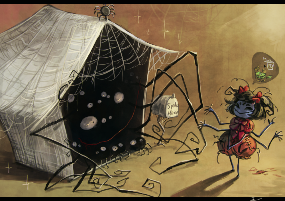 1girl black_hair bow bowtie commentary cup extra_arms extra_eyes fangs insect_girl koto_inari mailbox muffet puffy_pants purple_skin red_bow red_bowtie ribbon silk smile spider spider_girl spider_web spoken_object teacup teapot undertale