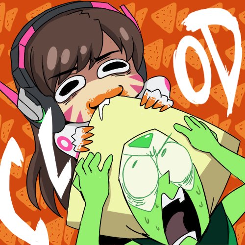 &gt;:3 2girls :3 biting_hair brown_hair crossover d.va_(gremlin) d.va_(overwatch) doritos facial_mark food food_on_face food_on_finger green_hair headset looking_at_another lowres multiple_girls orange_background overwatch patterned_background peridot_(steven_universe) screaming steven_universe sweat upper_body whisker_markings