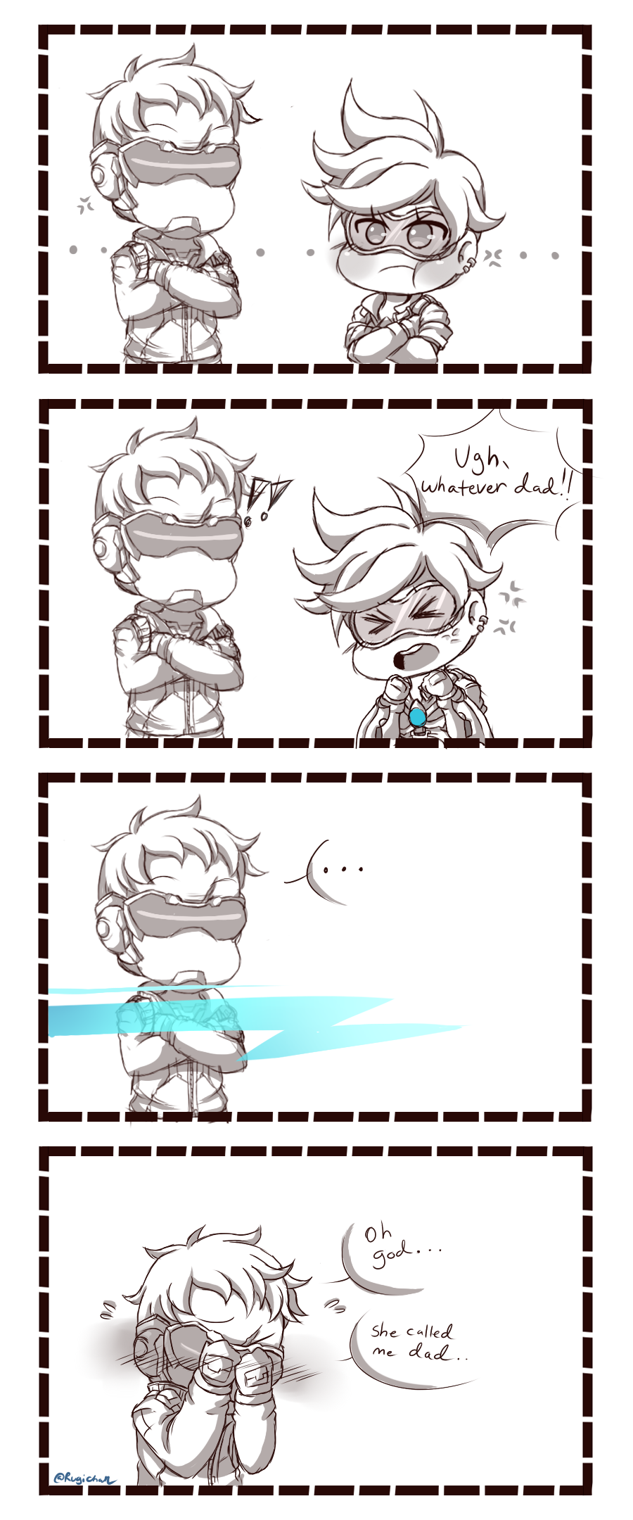 !! &gt;_&lt; 1boy 1girl 4koma :t anger_vein blush chibi closed_eyes comic covering_face english face_mask highres mask overwatch pout rugichan short_hair signature soldier:_76_(overwatch) spot_color tracer_(overwatch)