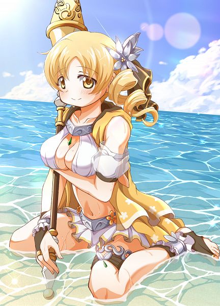 1girl barefoot bent_knees blonde_hair blush breast_hold breasts cleavage cleavage_cutout clouds crossed_arms curly_hair flower gold_eyes hair_flower holding kneeling midriff navel ocean outdoors sexy_pose sitting sky smile staff toeless_socks toes tomoe_mami water