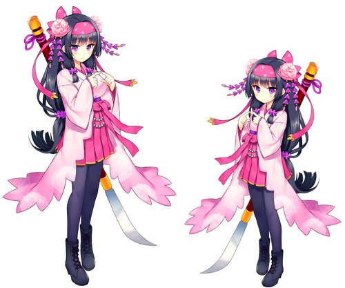 1girl black_hair black_legwear black_shoes bow dual_persona flower flower_knight_girl hair_bow hair_flower hair_ornament hairband japanese_clothes long_hair looking_at_viewer low-tied_long_hair lowres naginata older pantyhose pink_bow pink_skirt polearm shakuyaku_(flower_knight_girl) shoes simple_background skirt standing sugimeno very_long_hair weapon white_background