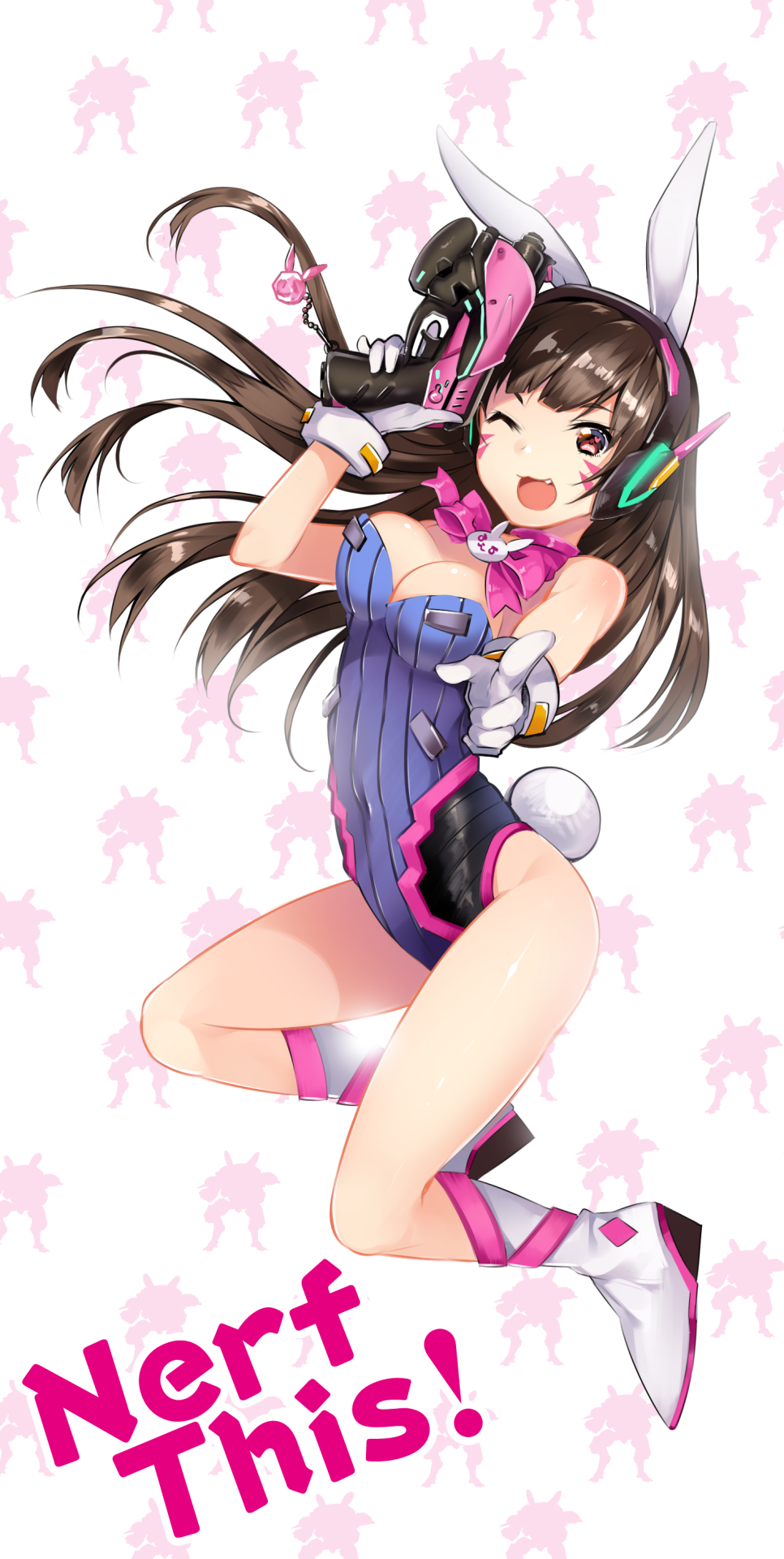 1girl ;d animal_ears brown_hair bunny_tail bunnysuit d.va_(overwatch) duji_amo facial_mark gloves gun headphones highres long_hair looking_at_viewer one_eye_closed open_mouth overwatch rabbit_ears smile solo tail text weapon whisker_markings white_gloves