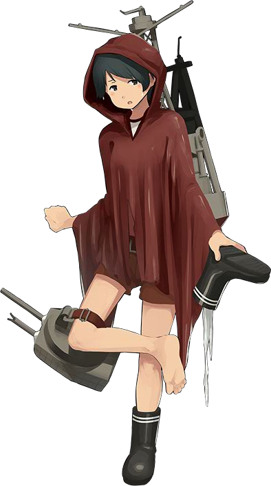 1girl bangs barefoot belt black_boots black_hair blue_eyes blue_hair boots broken brown_shorts feet footwear_removed holding_boots hood kantai_collection looking_at_viewer machinery mogami_(kantai_collection) official_art open_mouth raincoat red_hood shibafu_(glock23) short_hair shorts simple_background solo standing standing_on_one_leg swept_bangs torn_clothes turret water water_in_boots wet white_background