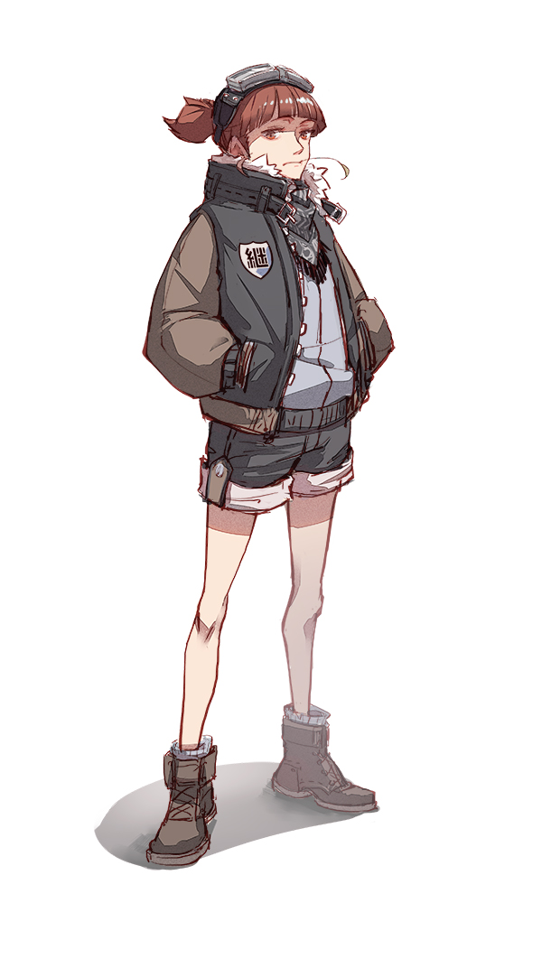 1girl ankle_boots badge bangs bare_legs black_shorts blunt_bangs boots brown_eyes brown_hair closed_mouth cross-laced_footwear die_(artist) frown full_body fur-lined_jacket girls_und_panzer goggles goggles_on_head grass hands_in_pockets high_collar jacket legs_apart long_sleeves looking_at_viewer mikko_(girls_und_panzer) mouth_hold open_clothes open_jacket ponytail red_eyes scarf shade shadow short_ponytail shorts simple_background socks solo standing unbuckled_belt unzipped white_background