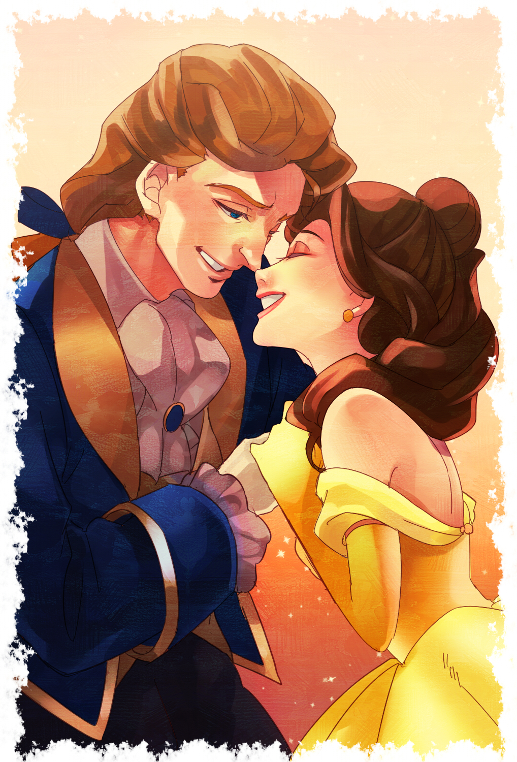 1boy 1girl bare_shoulders beast_(disney) beauty_and_the_beast belle_(disney) blue_eyes brown_hair closed_eyes disney dress earrings elbow_gloves gloves highres jewelry lipstick makeup personification red_lipstick smile u-min white_gloves yellow_dress yellow_gloves