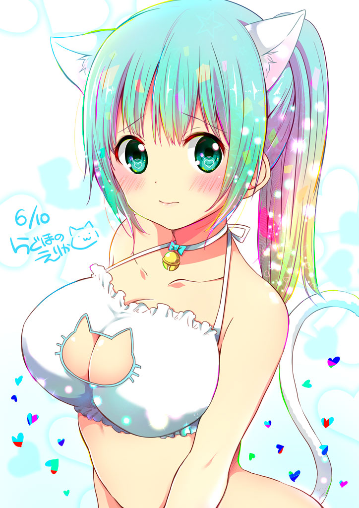1girl :s animal_ears aqua_hair arched_back artist_name bad_id bell bell_choker blonde_hair blue_bow blue_bowtie blush bow bowtie bra breasts cat_ears cat_lingerie cat_tail choker cleavage cleavage_cutout closed_mouth collarbone colored_eyelashes confetti dated eyebrows eyebrows_visible_through_hair frilled_bra frills gradient_hair green_eyes heart large_breasts looking_at_viewer multicolored_hair original pink_hair ponytail ragho_no_erika short_hair signature solo sparkle tail tareme underwear underwear_only upper_body v_arms white_bra white_tail