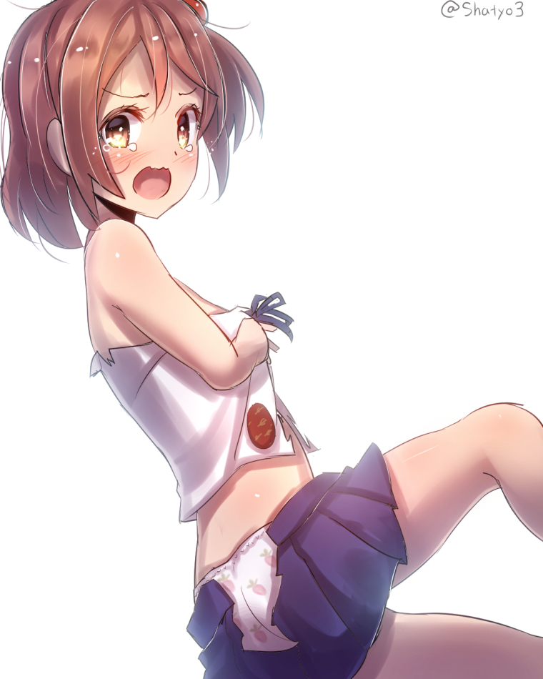 1girl ass bare_arms bare_shoulders brown_eyes brown_hair covering covering_breasts embarrassed kantai_collection looking_at_viewer minarai_shachou one_side_up open_mouth panties print_panties sazanami_(kantai_collection) shirt short_hair sitting skirt solo strawberry_print tears torn_clothes torn_shirt torn_skirt underwear