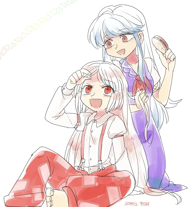 2girls barefoot blush brown_eyes dated fujiwara_no_mokou furukawa_(yomawari) hair_brush hair_brushing hairdressing kamishirasawa_keine long_hair multiple_girls no_headwear open_mouth pants red_eyes sitting touhou triangle white_hair