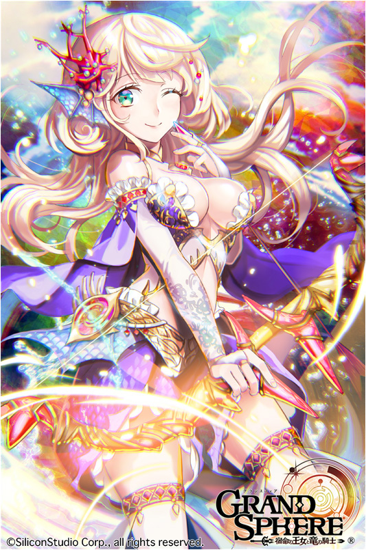 1girl animal_ears arrow bangs bare_shoulders blonde_hair blue_eyes bow_(weapon) breasts bridal_gauntlets cleavage clouds company_name copyright_name coral gloves glowing grand_sphere green_eyes hair_ornament holding holding_weapon kneeling kuroi large_breasts long_hair looking_at_viewer multicolored_eyes official_art one_eye_closed original smile solo thigh-highs under_boob water weapon white_gloves