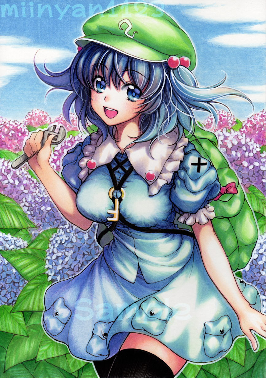 1girl artist_name backpack bag black_legwear blue_eyes blue_hair blue_sky blush clouds colored_pencil_(medium) field flower flower_field hair_bobbles hair_ornament hat highres hydrangea kawashiro_nitori key looking_at_viewer marker_(medium) mii@chiffonx open_mouth puffy_sleeves sample shirt short_sleeves skirt skirt_set sky smile solo thigh-highs touhou traditional_media twintails wrench