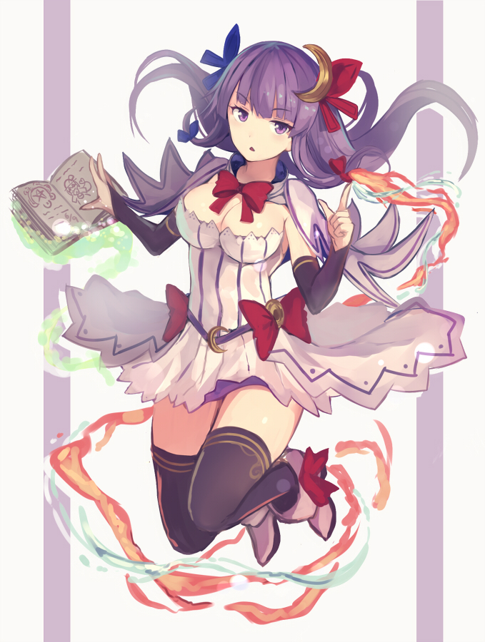 1girl adapted_costume bangs bent_knees black_legwear blunt_bangs breasts bridal_gauntlets capelet cleavage crescent crescent_hair_ornament dress elbow_gloves fire full_body gloves hair_ornament hair_ribbon jitome miniskirt multicolored_dress nakaichi_(ridil) patchouli_knowledge purple_dress purple_hair ribbon short_dress skirt solo striped striped_dress thigh-highs touhou triangle_mouth violet_eyes