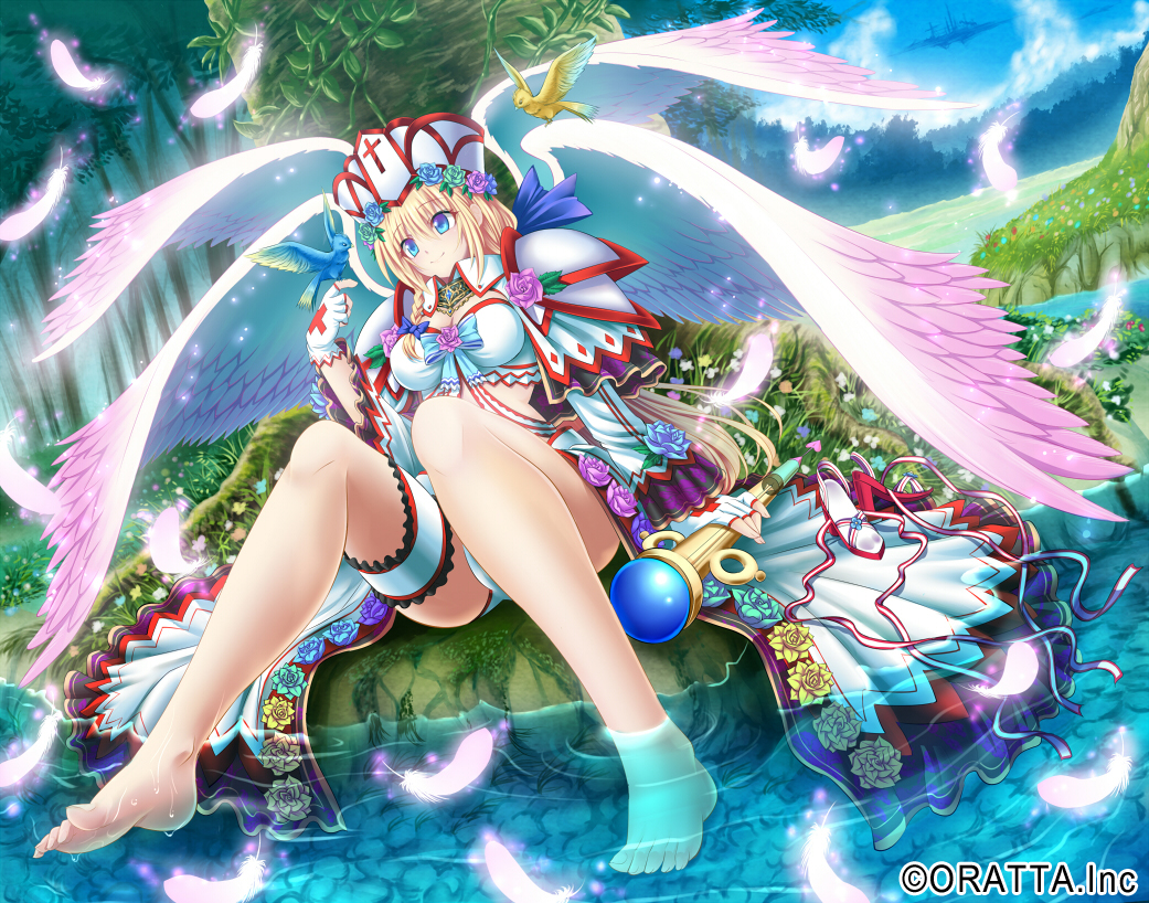 1girl angel_wings bare_legs barefoot bird bird_on_hand blonde_hair blue_bow blue_eyes bow bowtie braid breasts chloris_garden cleavage copyright_name dress fantasy fingerless_gloves flower forest full_body gloves grass hair_bow hat hijikawa_arashi knees_up lake long_hair long_sleeves nature official_art original panties pantyshot pantyshot_(sitting) partially_submerged pauldrons red_cross river rose shoes_removed side_braid single_braid sitting smile soaking_feet solo staff thigh_strap underwear white_dress white_feathers white_gloves white_panties white_wings wide_sleeves wings
