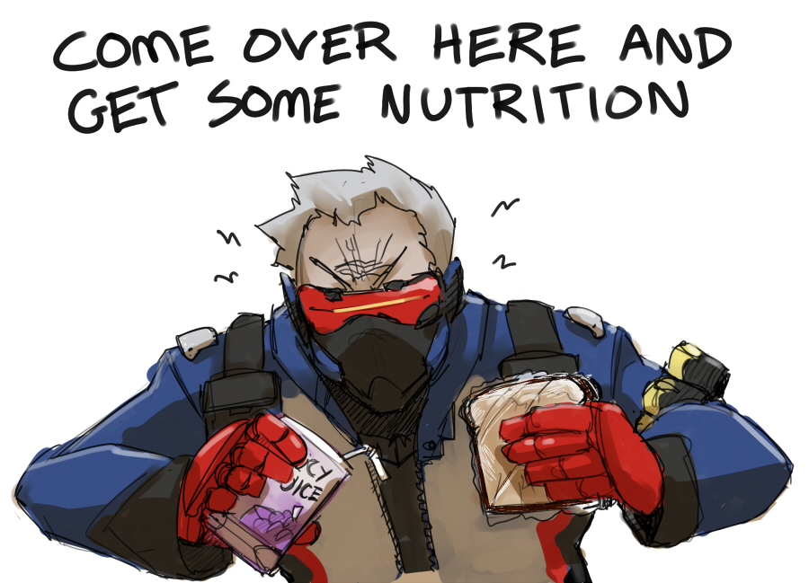 1boy english face_mask facing_viewer galaxyspark grey_hair jacket juice_box male_focus mask old_man overwatch sandwich soldier:_76_(overwatch) solo