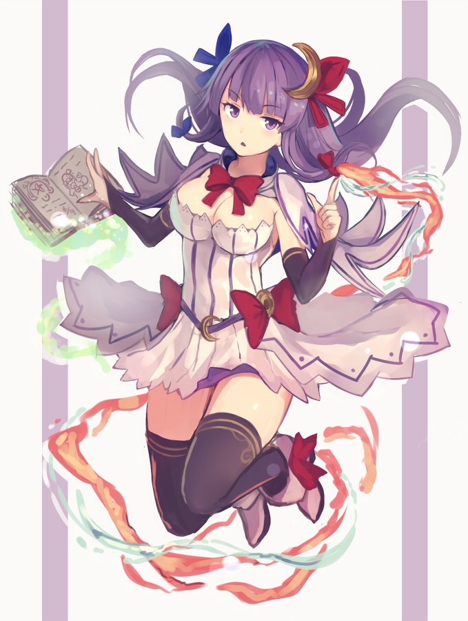 1girl adapted_costume bangs bent_knees black_legwear blunt_bangs breasts bridal_gauntlets capelet cleavage crescent crescent_hair_ornament dress elbow_gloves fire full_body gloves hair_ornament hair_ribbon jitome jpeg_artifacts miniskirt multicolored_dress nakaichi_(ridil) patchouli_knowledge purple_dress purple_hair ribbon short_dress skirt solo striped striped_dress thigh-highs touhou triangle_mouth violet_eyes