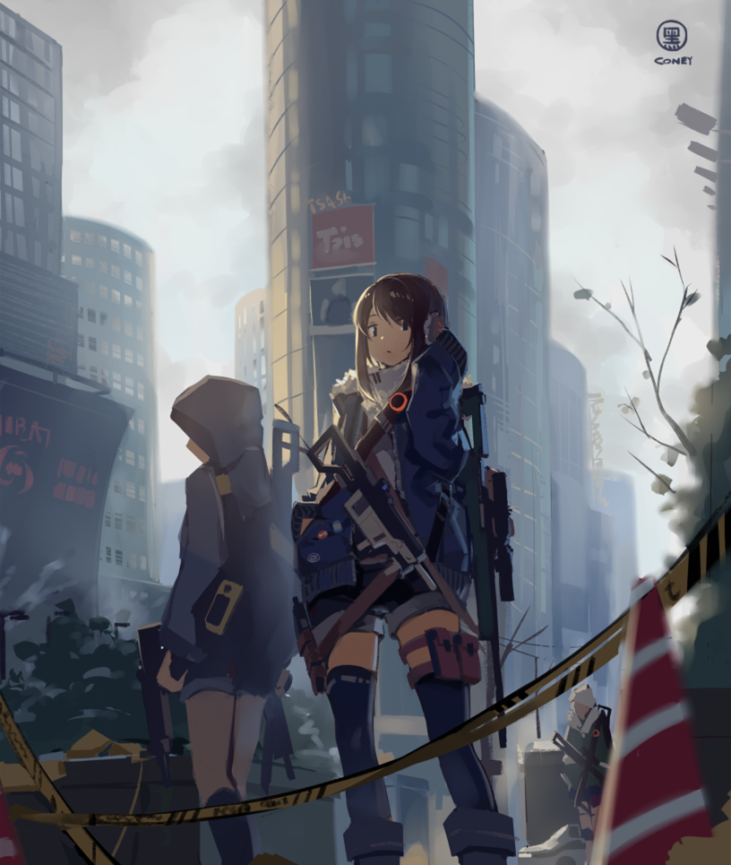 3girls assault_rifle boots brown_hair building caution_tape character_request city clouds coat fog from_ground gun holster hood hooded_jacket hoodie huanxiang_heitu jacket keep_out multiple_girls pouch rifle scope sign sky skyscraper sniper_rifle thigh-highs thigh_boots thigh_holster thigh_strap tom_clancy's_the_division traffic_cone weapon weapon_request