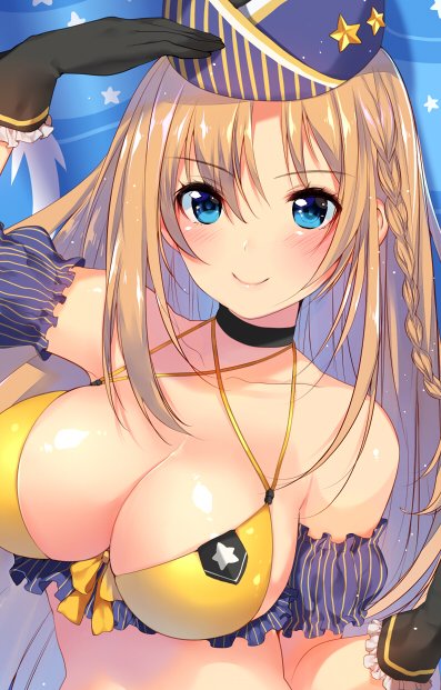 1girl bare_shoulders bikini black_gloves blue_eyes blush braid breasts brown_hair character_request cleavage commentary_request copyright_request front-tie_bikini front-tie_top gloves hat large_breasts long_hair looking_at_viewer matarou_(genkai_toppa) military_hat salute single_braid smile solo swimsuit yellow_bikini