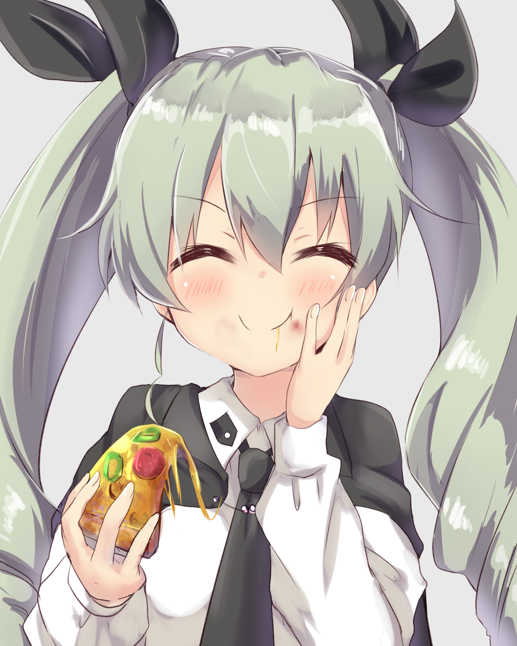 1girl ^_^ amano_kouki anchovy black_cape black_necktie blush c: cape closed_eyes drill_hair eating food girls_und_panzer green_hair hair_between_eyes hair_ribbon hand_on_own_cheek hand_on_own_face highres long_hair long_sleeves looking_at_viewer necktie pizza ribbon shirt smile solo twin_drills twintails uniform upper_body white_shirt