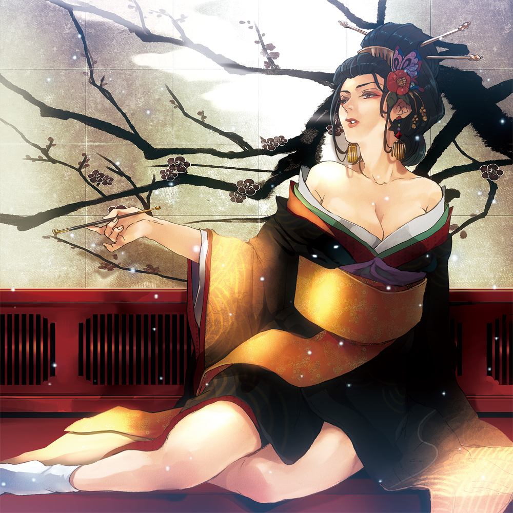 1girl black_hair breasts brown_eyes butterfly_hair_ornament cleavage earrings eyeliner flower hair_bun hair_flower hair_ornament hair_rings hair_stick holding_pipe japanese_clothes jewelry kimono kiseru large_breasts layered_clothing layered_kimono lips lipstick makeup obi off_shoulder oiran original pipe sash sitting smoking_pipe solo u-min yokozuwari