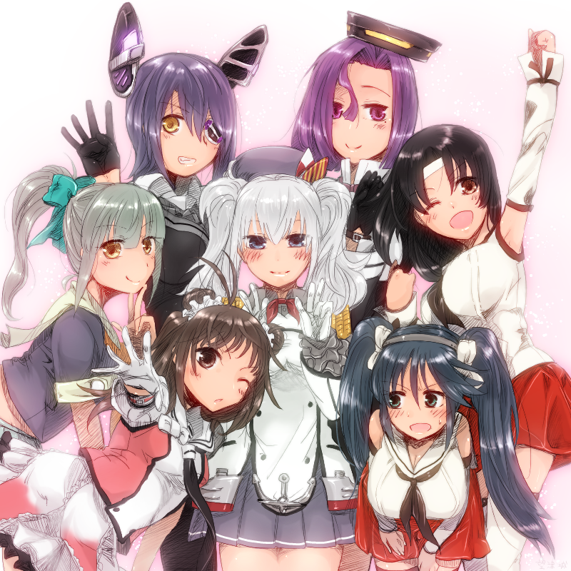 &gt;_o 6+girls antenna_hair arm_up armpits bare_shoulders beret black_gloves black_hair blue_eyes blue_hair breasts brown_eyes buttons commentary_request detached_sleeves double_bun epaulettes eyepatch gloves grey_hair hair_between_eyes hair_over_one_eye hair_ribbon hat headband isuzu_(kantai_collection) kantai_collection kashima_(kantai_collection) large_breasts long_hair mechanical_halo military military_uniform mochitsu_jou multiple_girls nagara_(kantai_collection) naka_(kantai_collection) neckerchief one_eye_closed open_mouth pleated_skirt ponytail purple_hair ribbon school_uniform serafuku short_hair side_ponytail skirt tatsuta_(kantai_collection) tenryuu_(kantai_collection) twintails uniform white_gloves white_hair yellow_eyes yuubari_(kantai_collection)