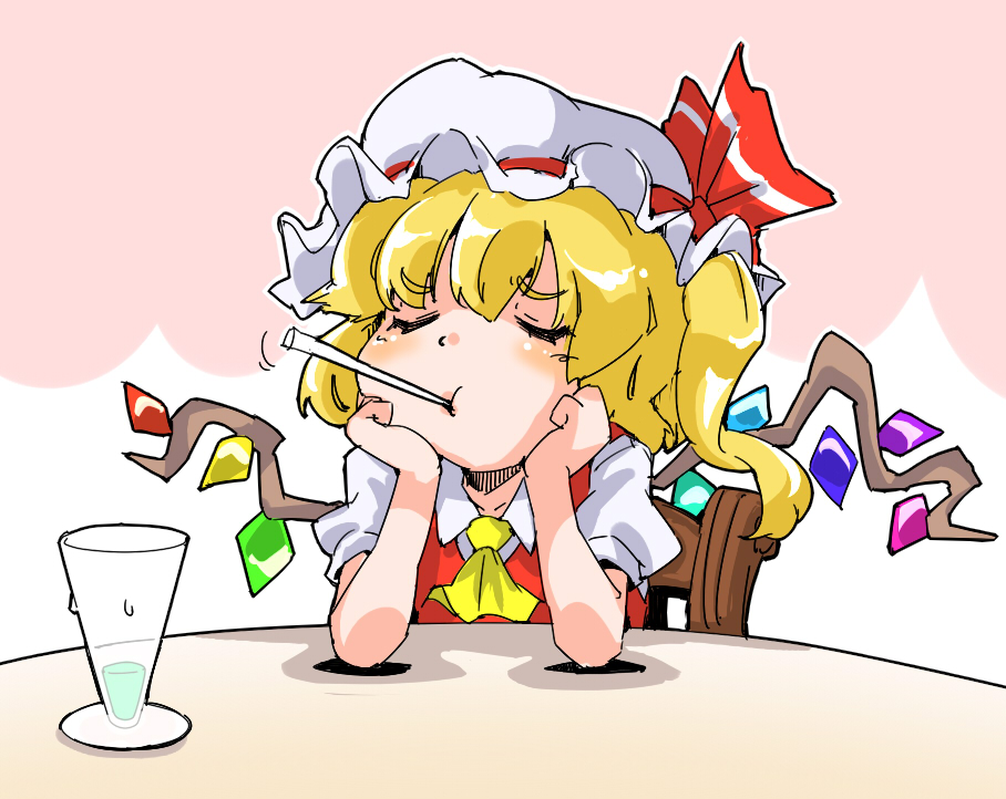 1girl ascot blush chair closed_eyes drink droplets flandre_scarlet hat mob_cap puffy_short_sleeves puffy_sleeves shinapuu short_hair short_sleeves side_ponytail sitting solo straw table touhou vest wings