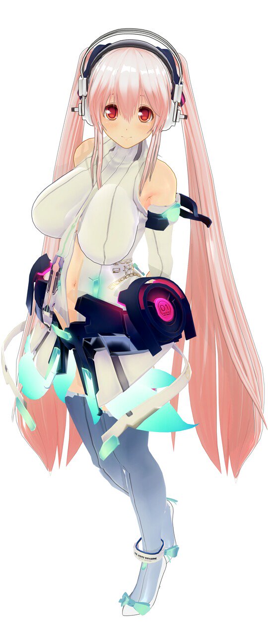 1girl 3d arm_behind_back bare_shoulders belt black_gloves black_legwear blush breasts bridal_gauntlets center_opening cosplay custom_maid_3d_2 gloves hatsune_miku hatsune_miku_(append)_cosplay headphones highres large_breasts long_hair looking_at_viewer miku_append navel necktie nitroplus pink_eyes pink_hair smile solo standing super_sonico thigh-highs twintails uld_macaron very_long_hair vocaloid_(tda-type_ver) vocaloid_append