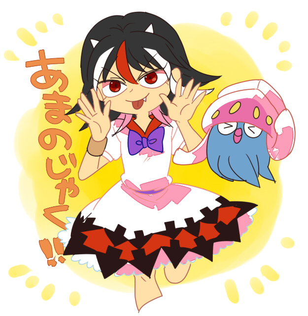 &gt;_&lt; 1girl black_hair closed_eyes crossover dress fang furukawa_(yomawari) horns inkay kijin_seija multicolored_hair pokemon pokemon_(creature) red_eyes redhead streaked_hair tentacles tongue tongue_out touhou trait_connection translated white_hair