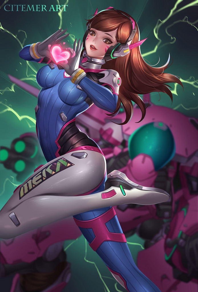 1girl artist_name bangs black_hair blurry bodysuit bracer breasts brown_eyes brown_hair citemer d.va_(overwatch) depth_of_field electricity eyelashes facial_mark floating_hair gloves glowing green_background headphones heart heart_hands knee_up long_hair long_sleeves looking_at_viewer mecha overwatch parted_lips pilot_suit red_lips smile solo swept_bangs whisker_markings white_gloves