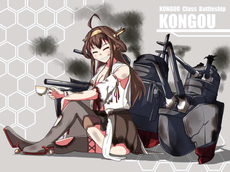 1girl :d ^_^ ahoge boots breasts broken broken_weapon brown_hair bruise character_name cleavage closed_eyes commentary_request cup detached_sleeves double_bun grin hairband holding injury kantai_collection kongou_(kantai_collection) long_hair looking_at_viewer machinery nontraditional_miko open_mouth pleated_skirt skirt smile smoke solo teacup thigh-highs thigh_boots torn_clothes turret weapon yukimi_unagi