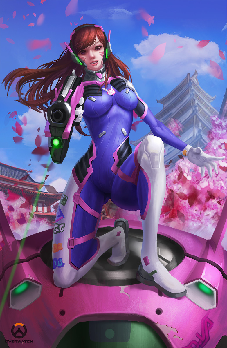 1girl architecture bangs bodysuit breasts brown_eyes brown_hair bunny_print cherry_blossoms copyright_name d.va_(overwatch) east_asian_architecture emblem facial_mark gloves gun handgun headphones high_collar highres holding holding_gun holding_weapon laser_sight lips logo long_hair looking_at_viewer mecha overwatch petals pointing rabbit skin_tight solo symbol-shaped_pupils weapon whisker_markings white_gloves