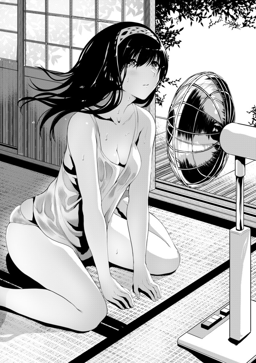 1girl bare_arms bare_legs bare_shoulders barefoot breasts cleavage closed_mouth collarbone electric_fan flying_sweatdrops hairband highres hot idolmaster idolmaster_cinderella_girls indoors legs_together long_hair monochrome motion_blur murasame_nohito no_pants open_door panties parted_lips sagisawa_fumika see-through shirt sitting sliding_doors solo summer sweat sweating tank_top tatami underwear wariza wet wet_clothes wet_shirt wind