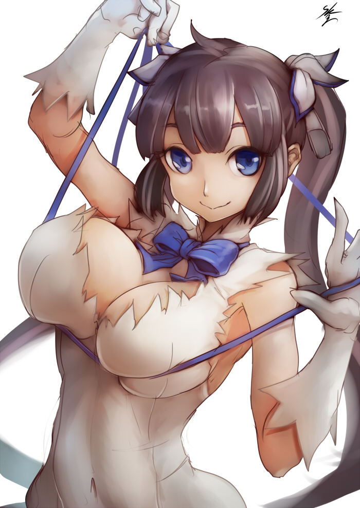 1girl arm_ribbon arm_up bare_shoulders black_hair blue_eyes bow breasts cleavage cleavage_cutout commentary_request covered_navel dress dungeon_ni_deai_wo_motomeru_no_wa_machigatteiru_darou_ka gloves hair_ornament hair_ribbon hand_up hestia_(danmachi) large_breasts long_hair looking_at_viewer rei_no_himo ribbon short_dress signature simple_background sleeveless sleeveless_dress smile solo sowel_(sk3) twintails upper_body very_long_hair white_background white_dress white_gloves