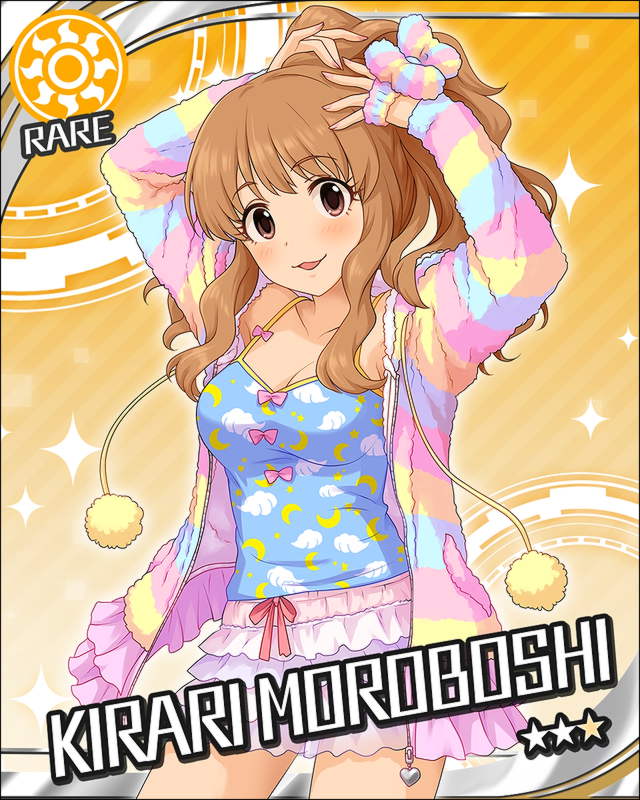 1girl :3 artist_request blush brown_eyes brown_hair camisole card_(medium) character_name hood hoodie idolmaster idolmaster_cinderella_girls jacket jpeg_artifacts long_hair loungewear moroboshi_kirari multicolored_stripes nail_polish official_art open_clothes open_jacket orange_background pom_pom_(clothes) skirt smile solo sparkle striped striped_hoodie sun_(symbol) wavy_hair