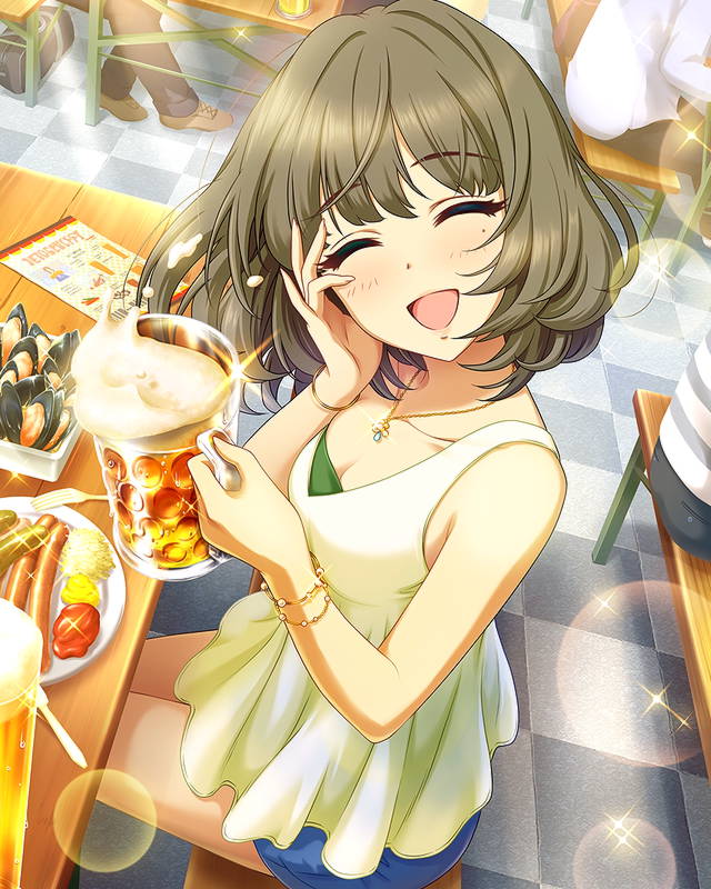 1girl ^_^ alcohol artist_request blue_skirt bracelet breasts brown_hair checkered cleavage closed_eyes food fork happy idolmaster idolmaster_cinderella_girls jewelry lens_flare menu mole mole_under_eye necklace official_art oyster short_hair skirt smile solo_focus sparkle spork takagaki_kaede