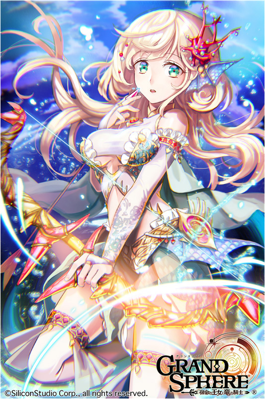 1girl animal_ears arrow bangs bare_shoulders blonde_hair blue_eyes bow_(weapon) breasts bridal_gauntlets clouds company_name copyright_name coral gloves glowing grand_sphere green_eyes hair_ornament holding holding_weapon kneeling kuroi long_hair looking_at_viewer multicolored_eyes official_art original parted_lips sky solo thigh-highs under_boob water weapon white_gloves