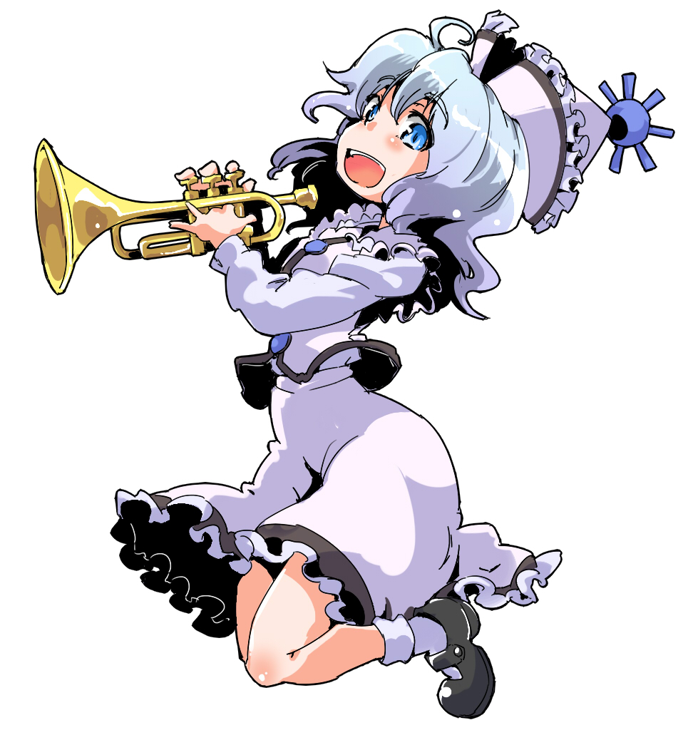1girl :d ahoge blue_eyes blue_hair blush bobby_socks hat instrument juliet_sleeves jumping long_hair long_sleeves looking_at_viewer mary_janes merlin_prismriver open_mouth playing_instrument puffy_sleeves shinapuu shoes silver_hair skirt skirt_set smile socks solo touhou trumpet vest